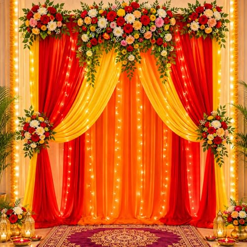 Image of Party Propz Backdrop Decoration with Fairy Light - 8 Pcs Haldi Decoration Items for Home, Backdrop Cloth for Decorations Pooja, Background Decorations Cloth for Festival, Puja (Satin Mix)