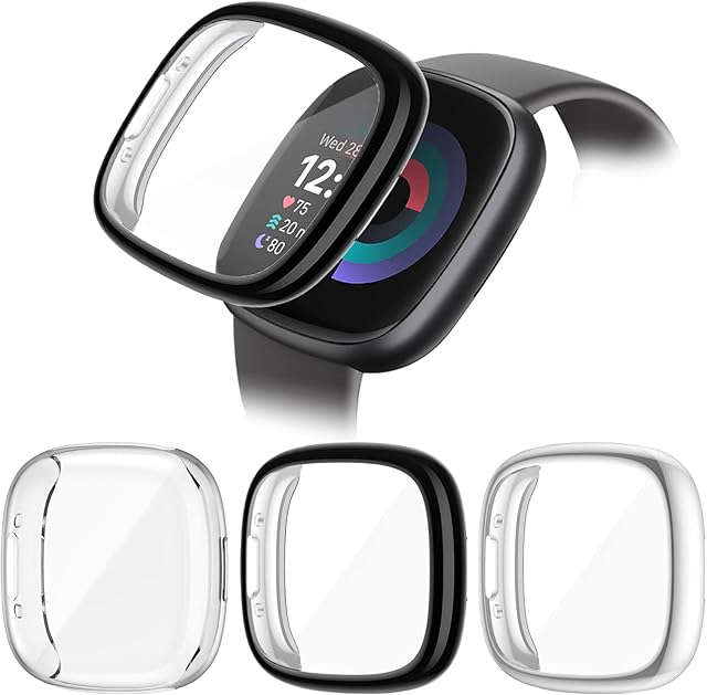 RIOVO 3-Pack Screen Protector Compatible with Fitbit Versa 4/Sense 2, Soft TPU Full-Cover Versa 4 Screen Protector Anti-Scratch, Protector Bumper Case Compatible with Fitbit Versa 4 Screen Protector