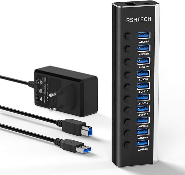 RSHTECH USB Hub Aktiv 3.0 z zasilaczem sieciowym 36 W (12 V/3 A), aluminium, 10 portów USB 3.0 do ładowania i transmisji danych, rozdzielacz USB 3.0 z włącznikiem/wyłącznikiem i zasilaczem (RSH-A10)