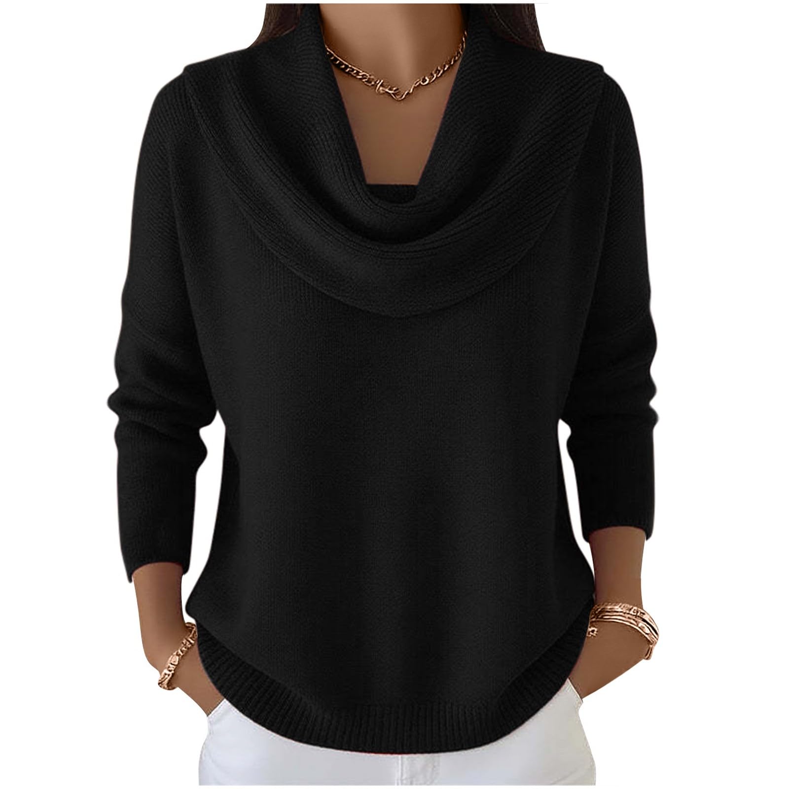 Cowl Neck Sweater for Women Long Sleeve Cozy Knit Pullover Top Casual Loose Sweaters Fall Fashion Winter Clothes
