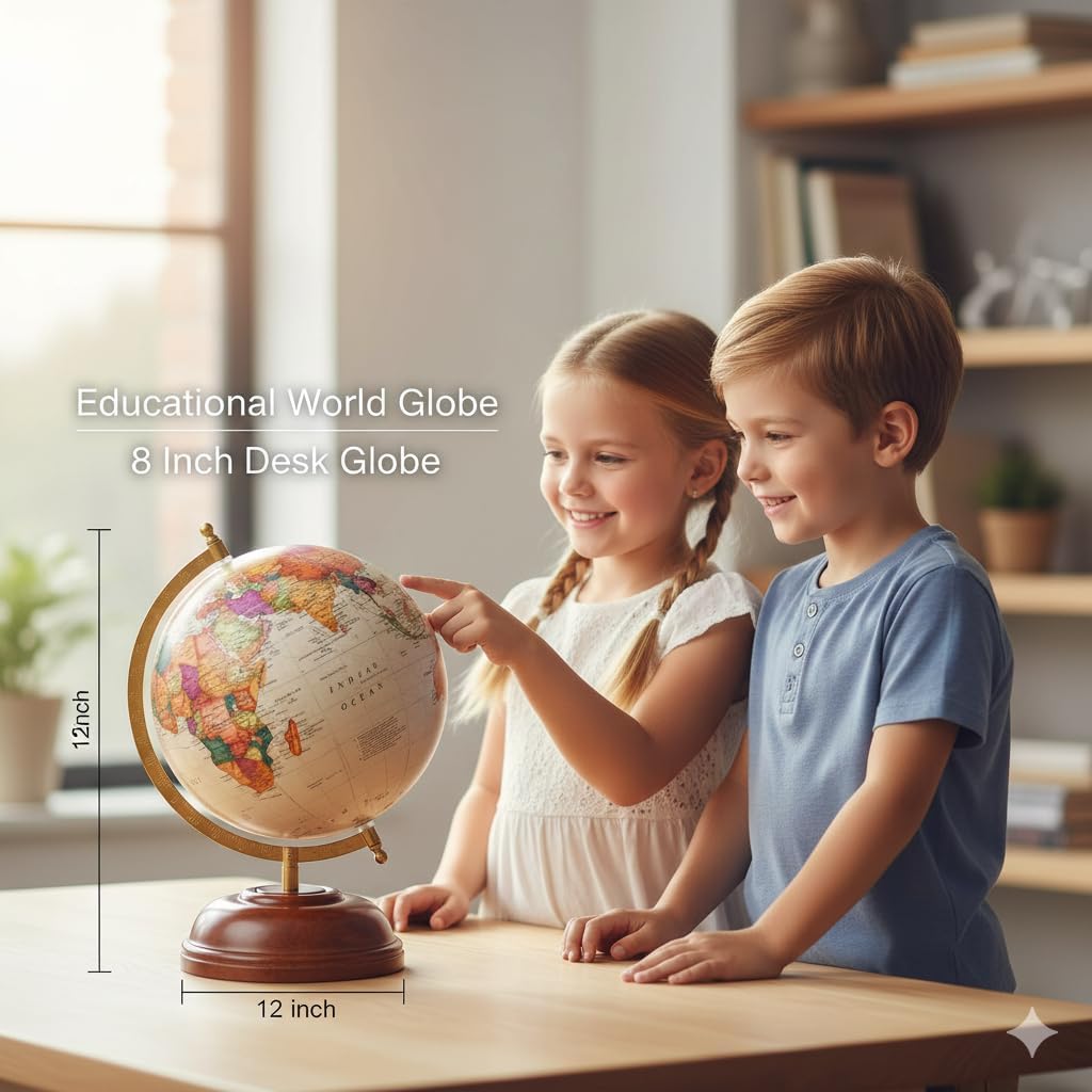 BABYPEACH 8 Inch Vintage World Map Desktop Globe | 360° Rotating Educational Globe with Brass Metal Meridian | Polished Wooden Base | Home Office Study Decor & Gift