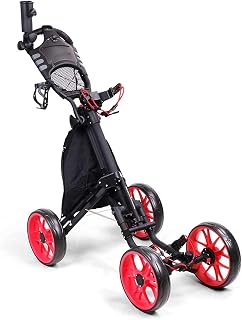 Carrito de Golf de Empuje, Carrito de Golf de Mano con 4 Ruedas, Carrito de Golf Ligero con Soporte para Paraguas y Soporte para Bebidas, fácil de Abrir y Cerrar (Color: Negro Rojo
