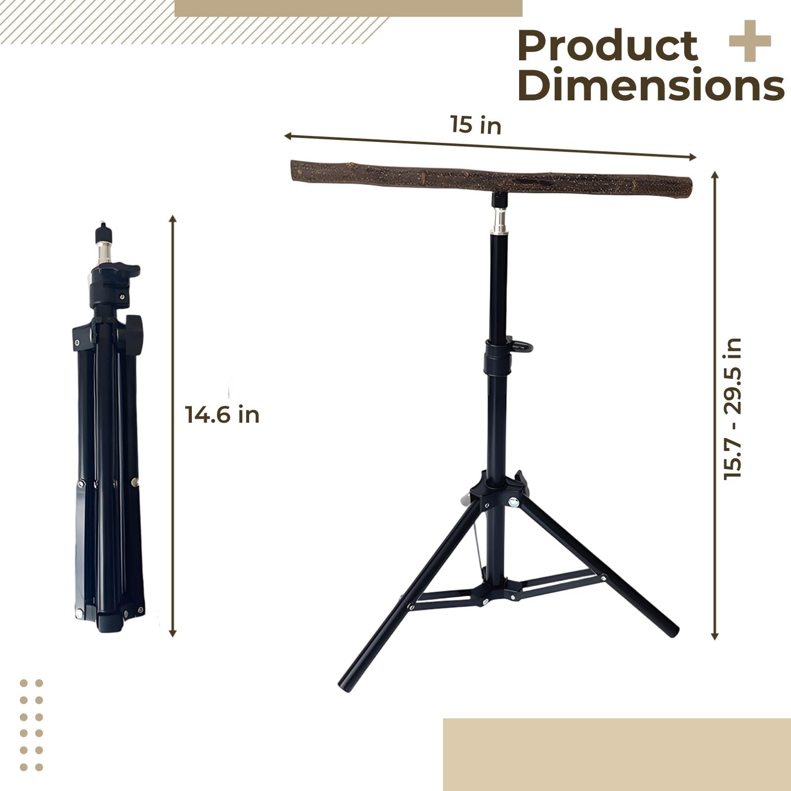Perchoir pour oiseaux réglable, support trépied portable de 15,7 à 29,5 in, bois naturel de 15,0 in pour oiseaux de taille moyenne, pliable pour perroquets, usage intérieur et extérieur