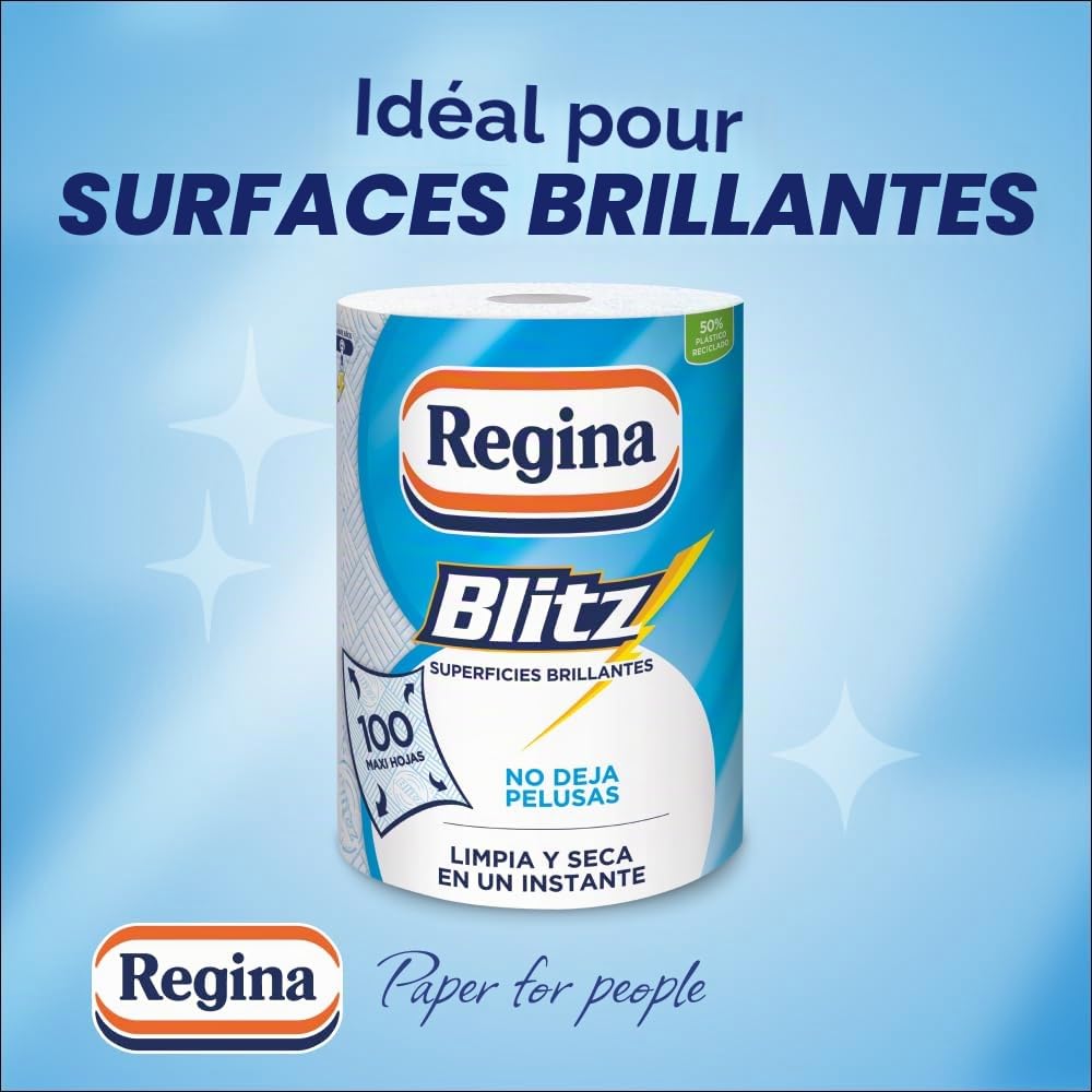 Regina Blitz Lot de 5 rouleaux de papier de cuisine 100 feuilles maxi à 3 couches Idéal pour nettoyer les surfaces domestiques Sans peluches Emballage en papier recyclable