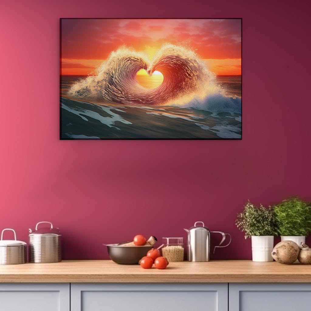 Canvas for Living room. Swept Away in Romance: When Ocean Waves Embrace the Heart of Sunset, 27 x 18 inch Canvas Wall Art - Tranquility - Modern Home Decor