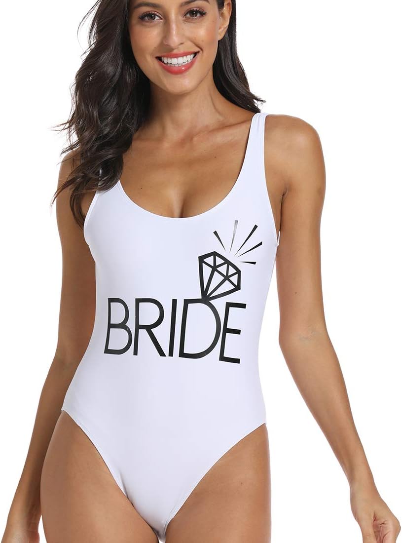 Bestag Team Bride Letter Print Diamond Pattern One Piece Swimsuit Bathing Suits (White Bride, X-Large)
