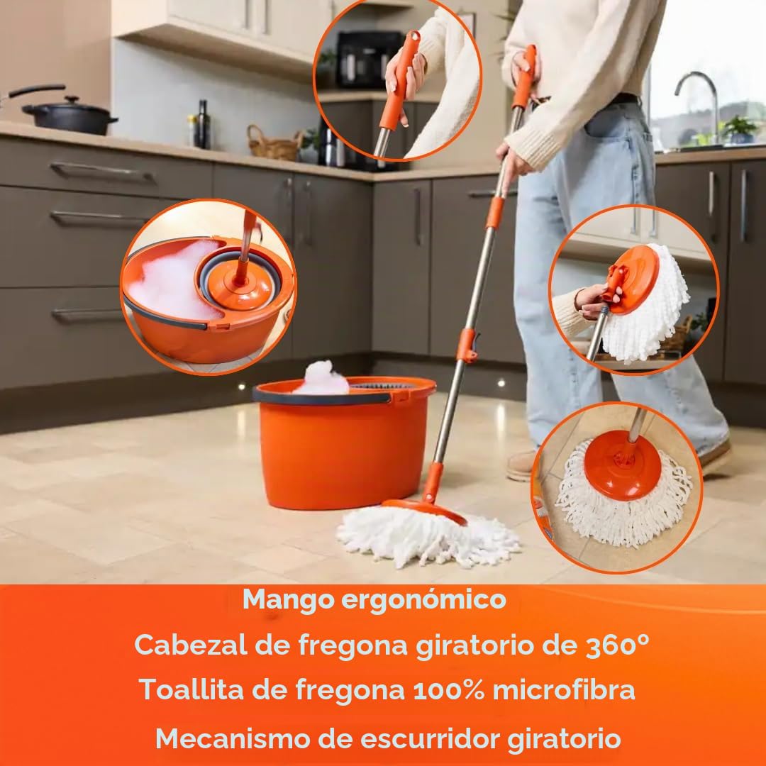 Macromax Faster - Juego de fregona giratoria automática de 16 L, mopas 100% Microfibra, Mango Giratorio telescópico, Lavado automático y Cesta Seca extraíble, Hecha de Material 90% reciclable (Juego
