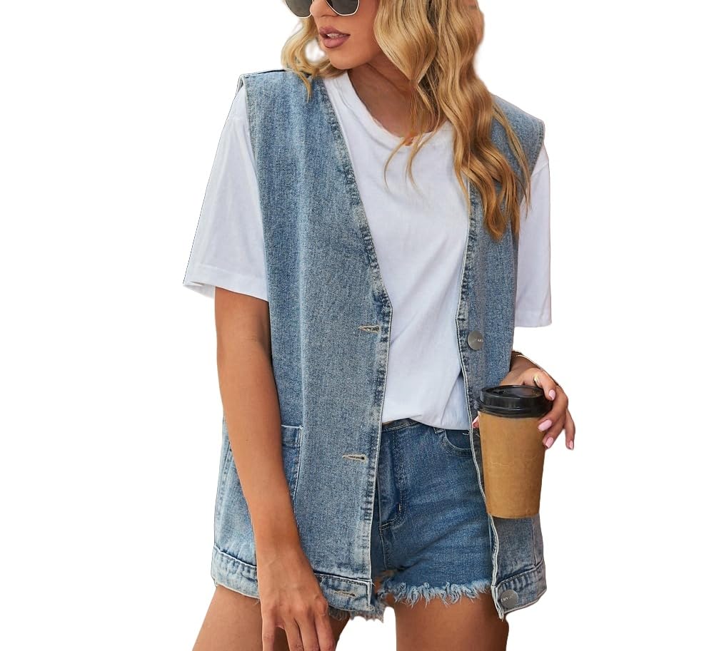 Gilet Jeans Donna,Gilet In Denim Da Donna Senza Maniche Scollo A V Profondo con Bottoni Canottiere Da Donna Gilet In Denim Oversize Giacche con Tasche Gilet In Denim Da Donna Vintage Streetwear Azzu