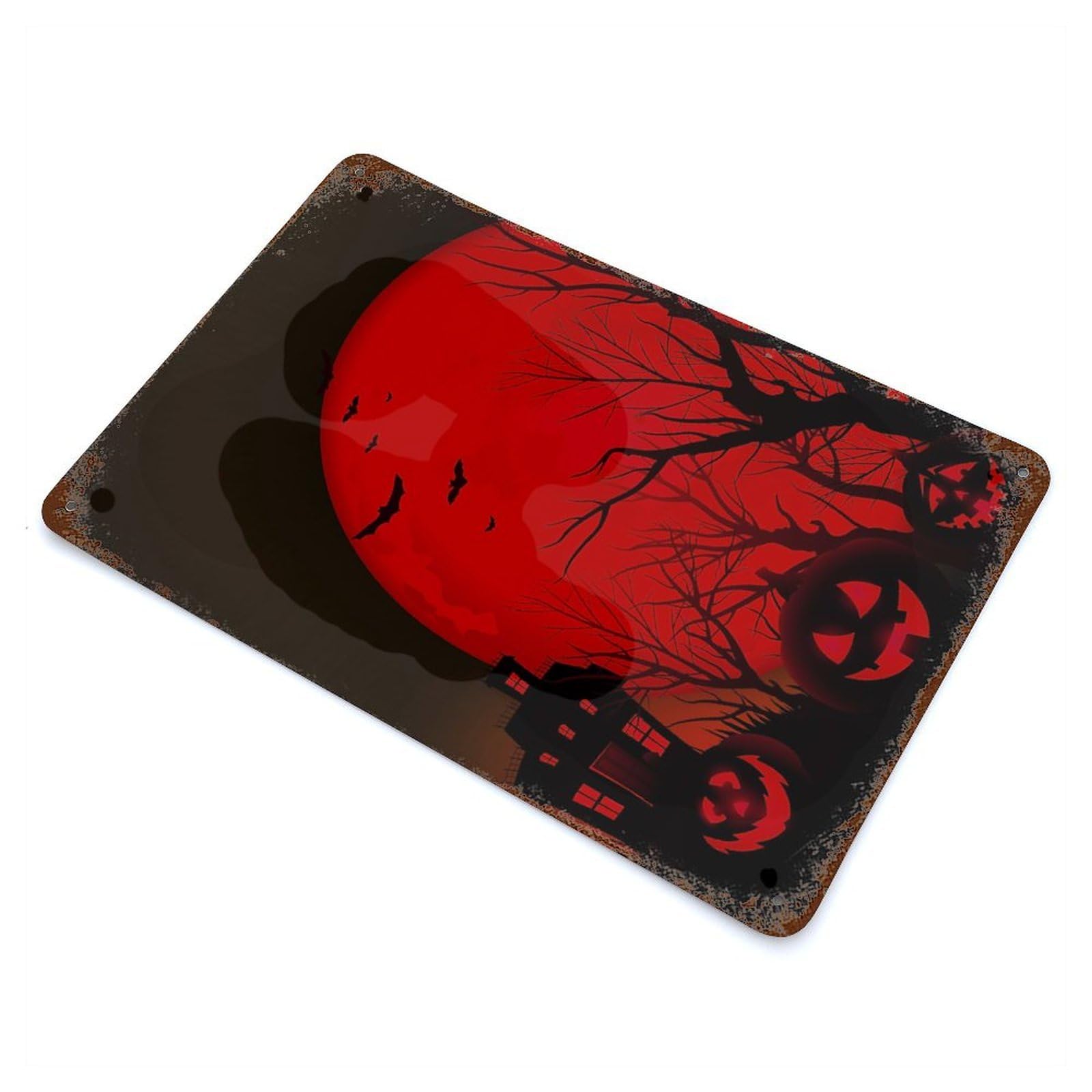 Rusty Metal Tin Sign with Horror Red Pumpkin Design 11.8"x7.9", for Farmhouse, Kitchen And Entryway Decor, Rustic Home Decor