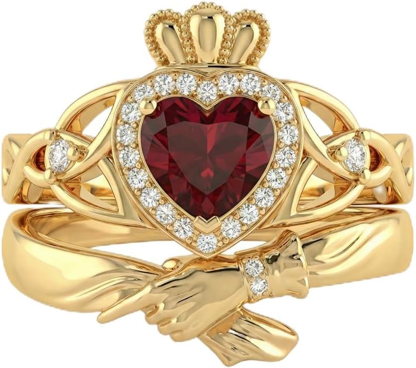 10K/14K/18K Gold Claddagh Heart Rings Set for Women,Heart-Shaped Gemstone Birthstone Rings Set Valentine's Day Engagement Wedding Jewelry for Her