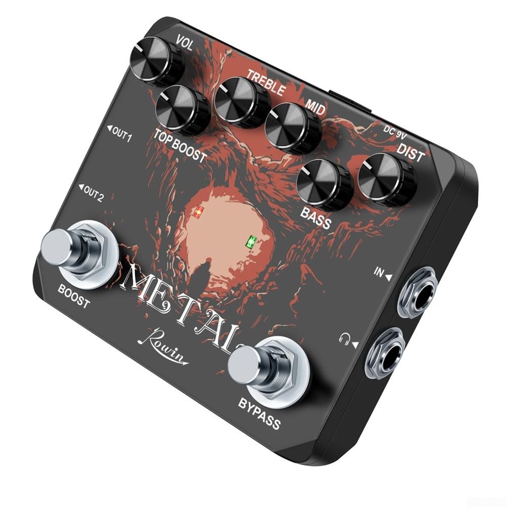 Rowin Metal Distortion - Pedale effetto chitarra con controllo Boost e equalizzatore a 3 bande per suono Rich Metal e Rock