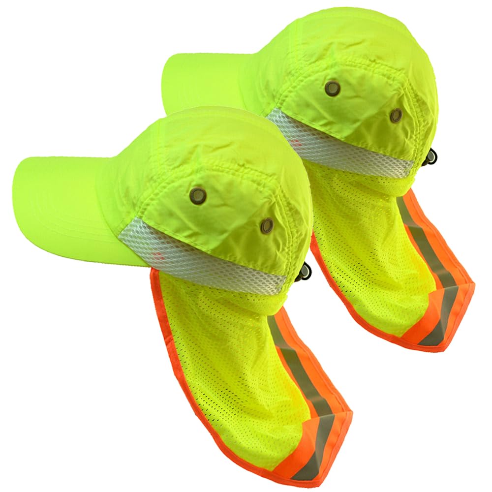 Glory Max High Visibility Reflective Work Safety Bucket Hat Cap Mesh Neck Flap (Baseball Cap Style Green 2Pcs)