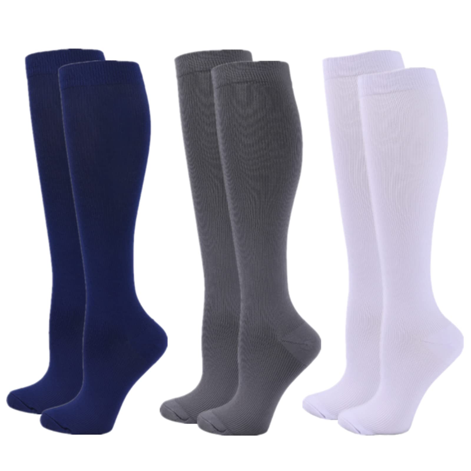 Zingso Compression Socks for Women Men, 3 Pairs 20-25mmHg Flight Socks Compression Stockings for Sport, Athletic, Edema, Diabetic, Varicose Veins, Travel, Pregnancy, Nursing (XXL, Blue Grey White)