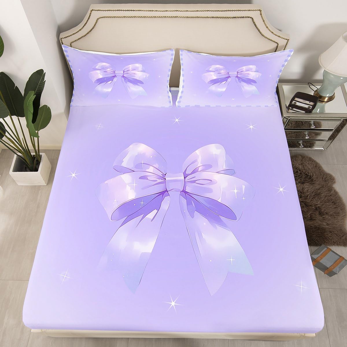 Erosebridal Purple Bowknot Kids Fitted Sheet, Lovely Bow Knot Bed Sheets for Kids Girls Butterfly Knot Bow Tie Bed Set Aesthetic Coquette Sheets Geometric Cartoon Bedroom Decor Full