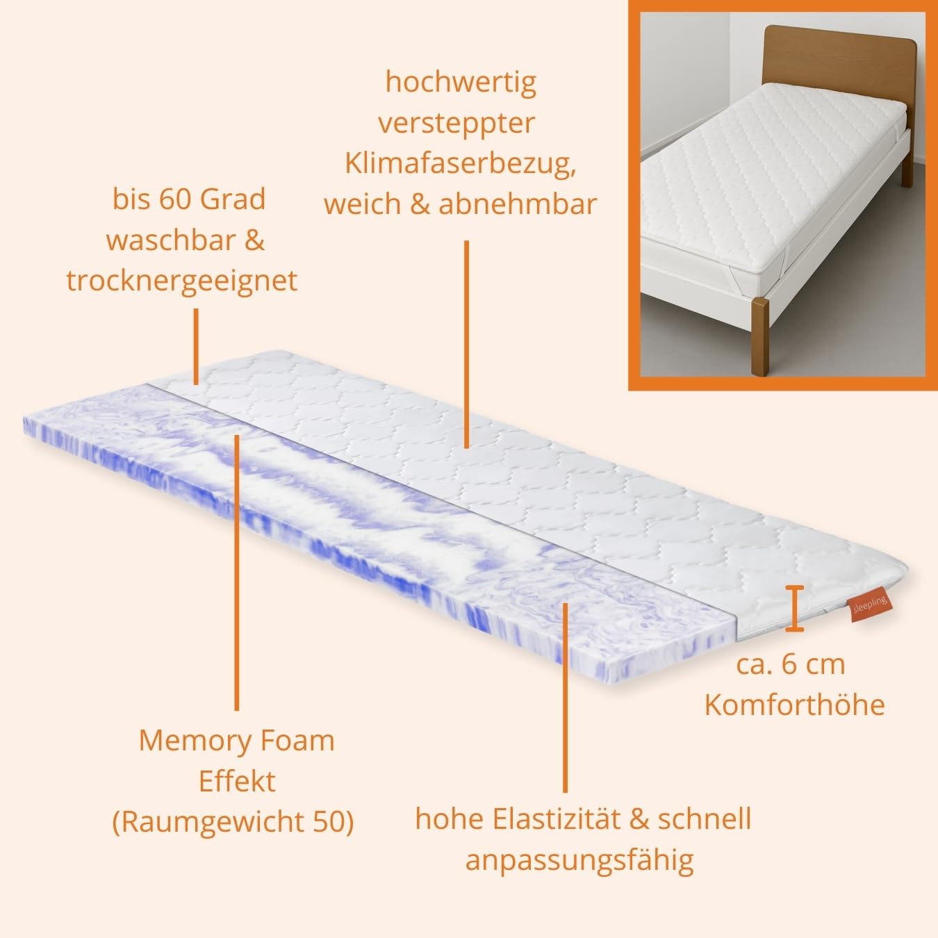 sleepling 196046 topper met sleuf, stevig, van koudschuim, Made in EU, Oekotex 100, afneembare en wasbare hoes, 180 x 200 x 6 cm, wit