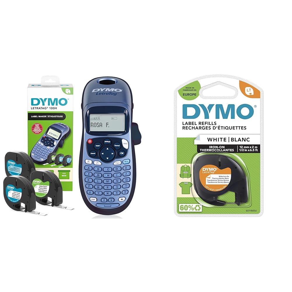 DYMO LetraTag LT-100H Kit de iniciaciónde etiquetadora | Impresora de Etiquetas portátil & LetraTag Etiquetas Textiles de adhesión por Plancha, Rollo de 12 mm x 2 m, Negro sobre Blanco