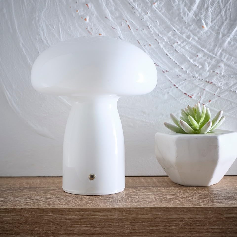 Mushroom Toadstool Glass Table Lamp in White, Duck Egg Blue, Green, Lemon, Mocha and Brown - Rechargeable Lamps (White)