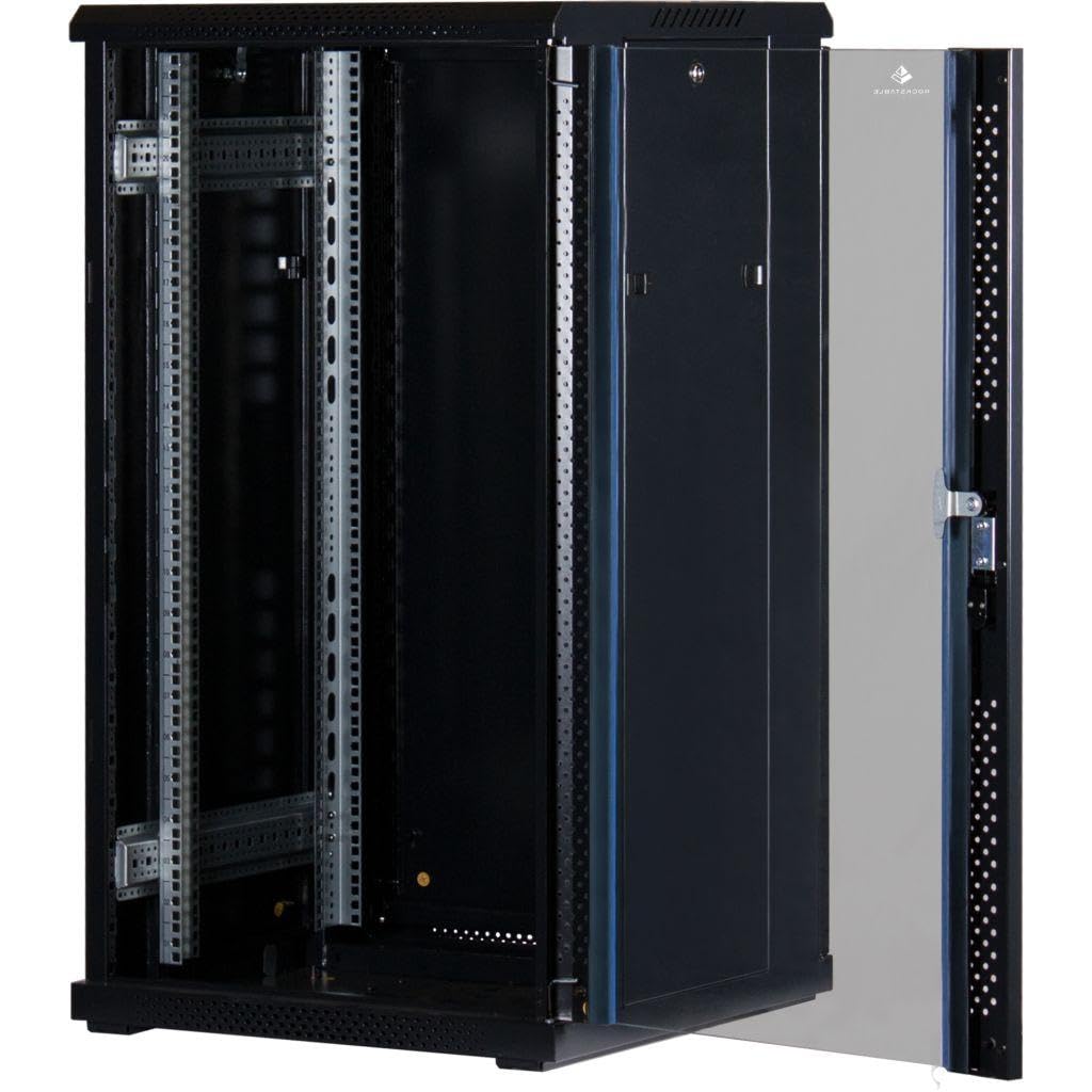 Rockstable 22HE 19 Zoll Serverschrank Netzwerkschrank (BxTxH) 600x600x1200mm mit Glastür - Türanschlag wechselbar - Türen und Seitenwände abnehmbar und verschließbar - Schwarz (RAL 9005)