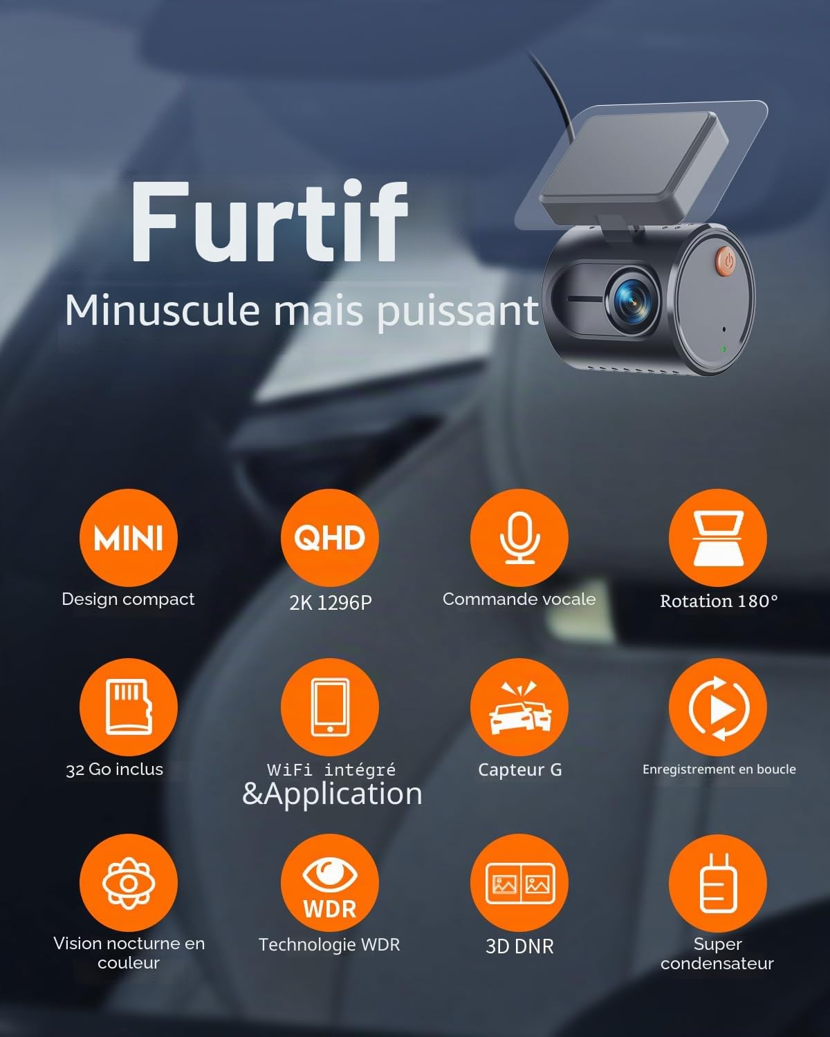 KAWA Mini Dashcam 2K,Commande Vocale,Caméra de Voiture WiFi | 1296P QHD,G-Capteur,Carte TF 32Go incluse,Contrôle App,WDR/3D DNR,Vision Nocturne,Mode Parking 24H