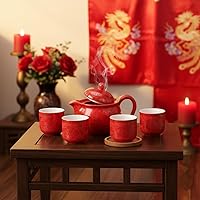 Vista 8 de Chinese Tea Set Traditional Red Ceramic with Chinese Teapot and 6 Porcelain Teacups, Asian Gongfu Style Collection for Tea Ceremony, Chinese Wedding