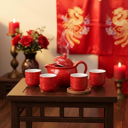 Miniatura 8 de Chinese Tea Set Traditional Red Ceramic with Chinese Teapot and 6 Porcelain Teacups, Asian Gongfu Style Collection for Tea Ceremony, Chinese Wedding