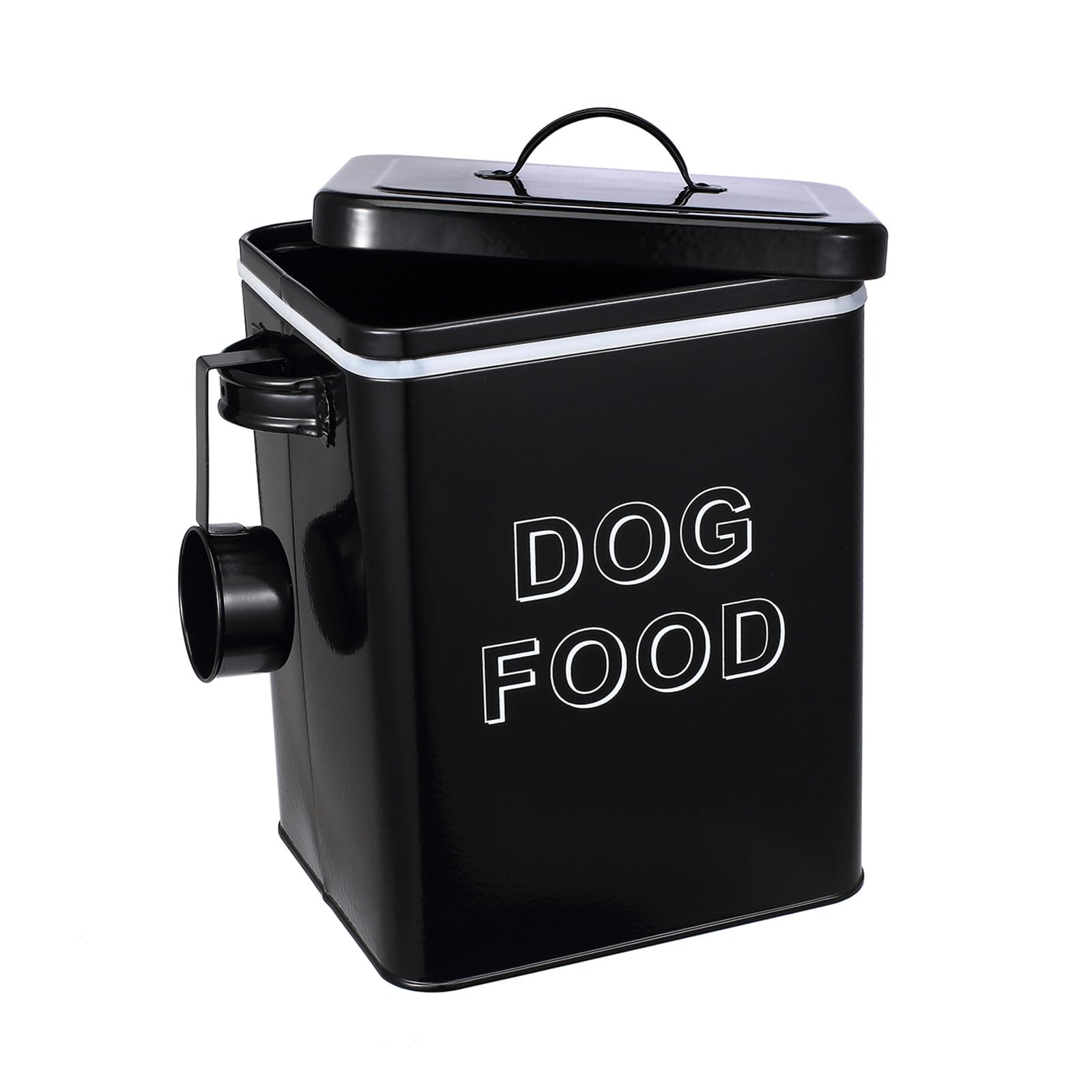 Contenitore per cibo per cani in metallo, 5 l, con coperchio e misurino, contenitore ermetico, colore bianco, contenitore per alimenti per animali domestici, snack e cucina, nero