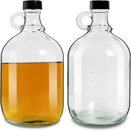 DESIYUE Paquete de 2 jarras de cristal de 64 onzas con asa y tapas de plástico negras botellas de agua de vidrio de medio galón ideales para