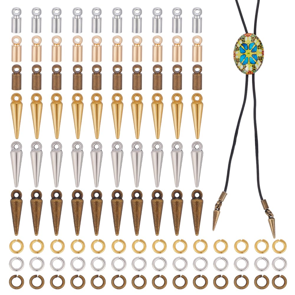 NBEADS 120 Pcs Bolo Tie Findings Kit, Bolo Tie Tips Replacement Kit Bolo Tie Buckle Accessories with 30 Pcs Alloy Cord End, 30 Pcs Bolo Brass Cone Charms with 60 Pcs Jump Ring for Bolo Tie Making