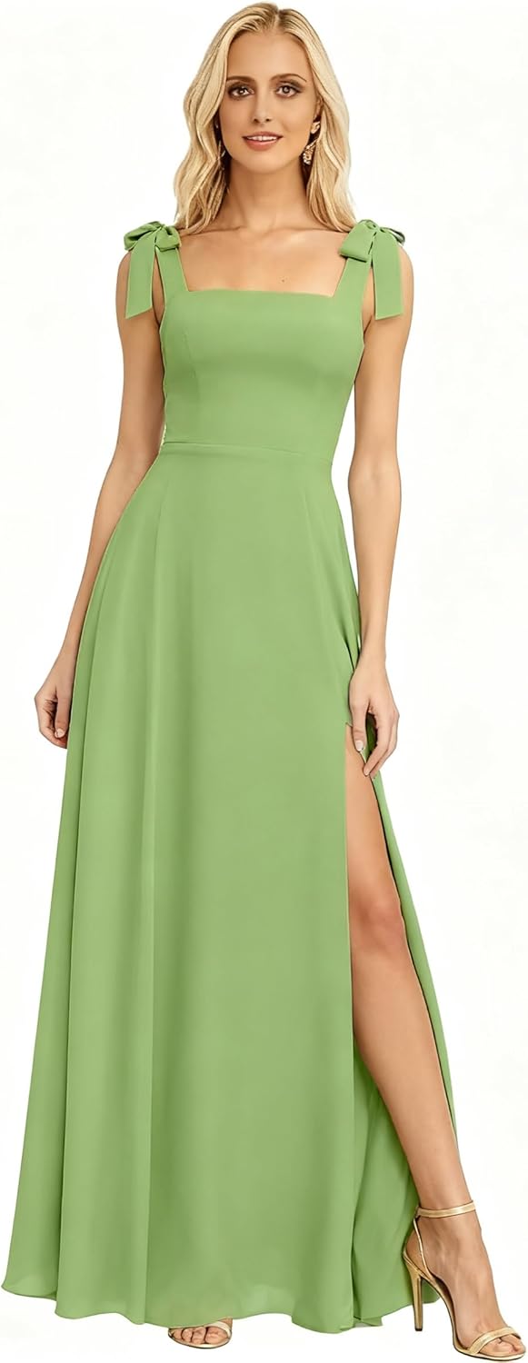 Square Neck Bridesmaid Dresses with Slit Chiffon Long Maxi Formal Evening Party Dresses with Bow - Image 4