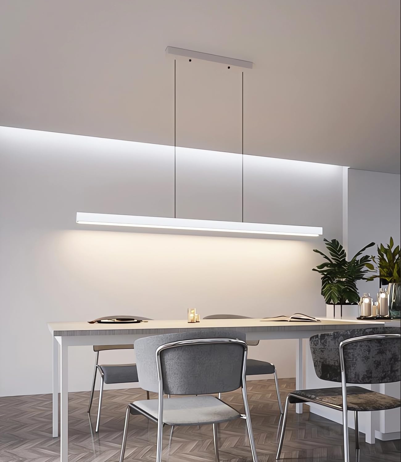 LED Pendelleuchte Restaurant Pendelleuchte lineares Design Kronleuchter Büro Pendelleuchte Dimmbar Mit Fernbedienung für Arbeitszimmer Küche Insel Lesesäle Bar (Weiß, L120cm)