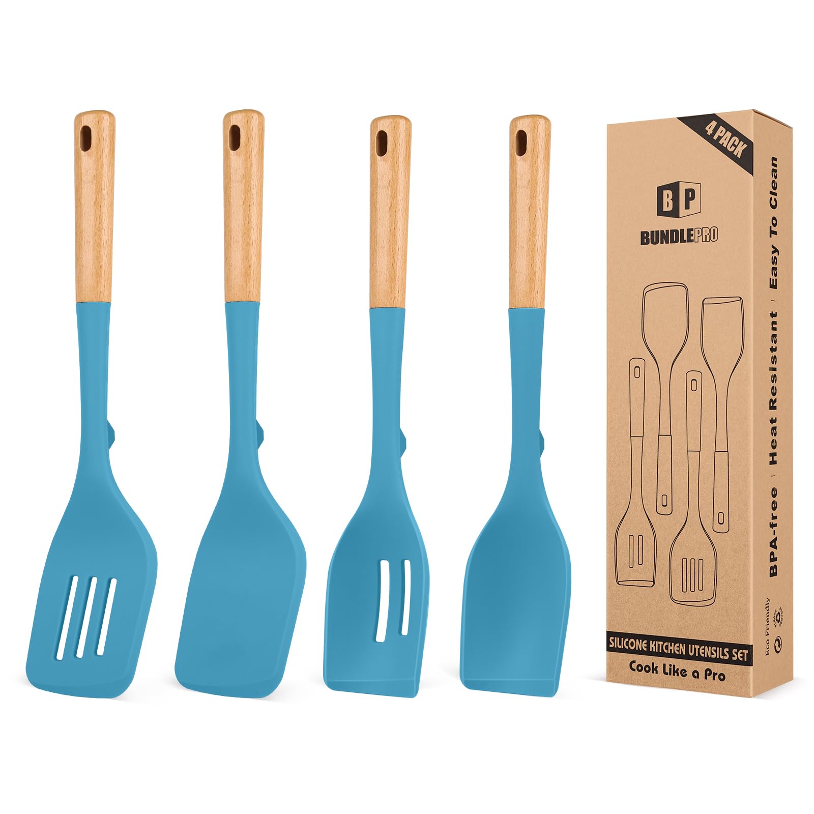 Lot de 4 ustensiles de cuisine silicone bleu pour cuisiner sans rayer vos poêles
