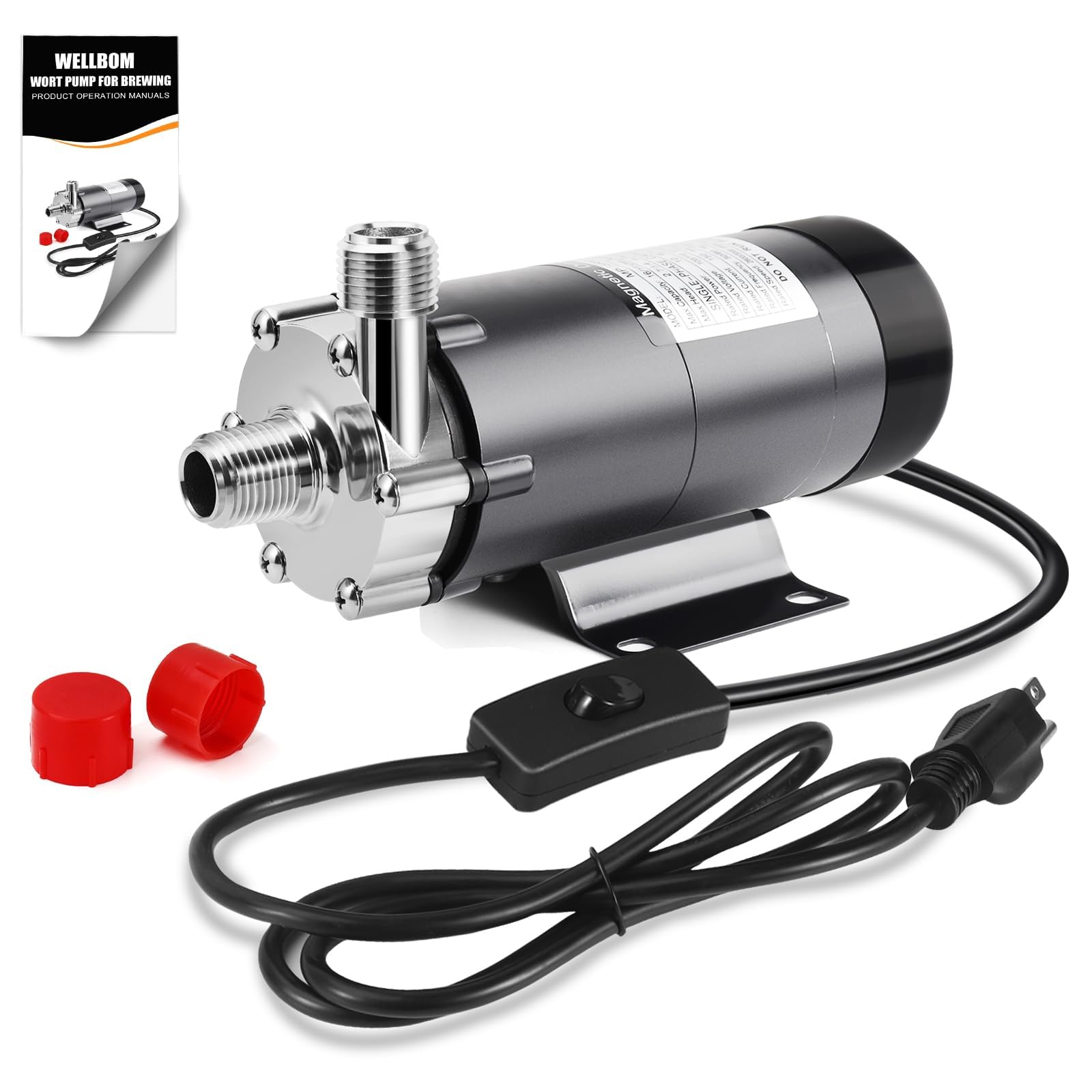 Pompa per mosto per birra, pompa magnetica per birra fatta in casa per uso alimentare, testa in acciaio inox 304, strumento per trasferimento mosto ad alta temperatura con interruttore in linea