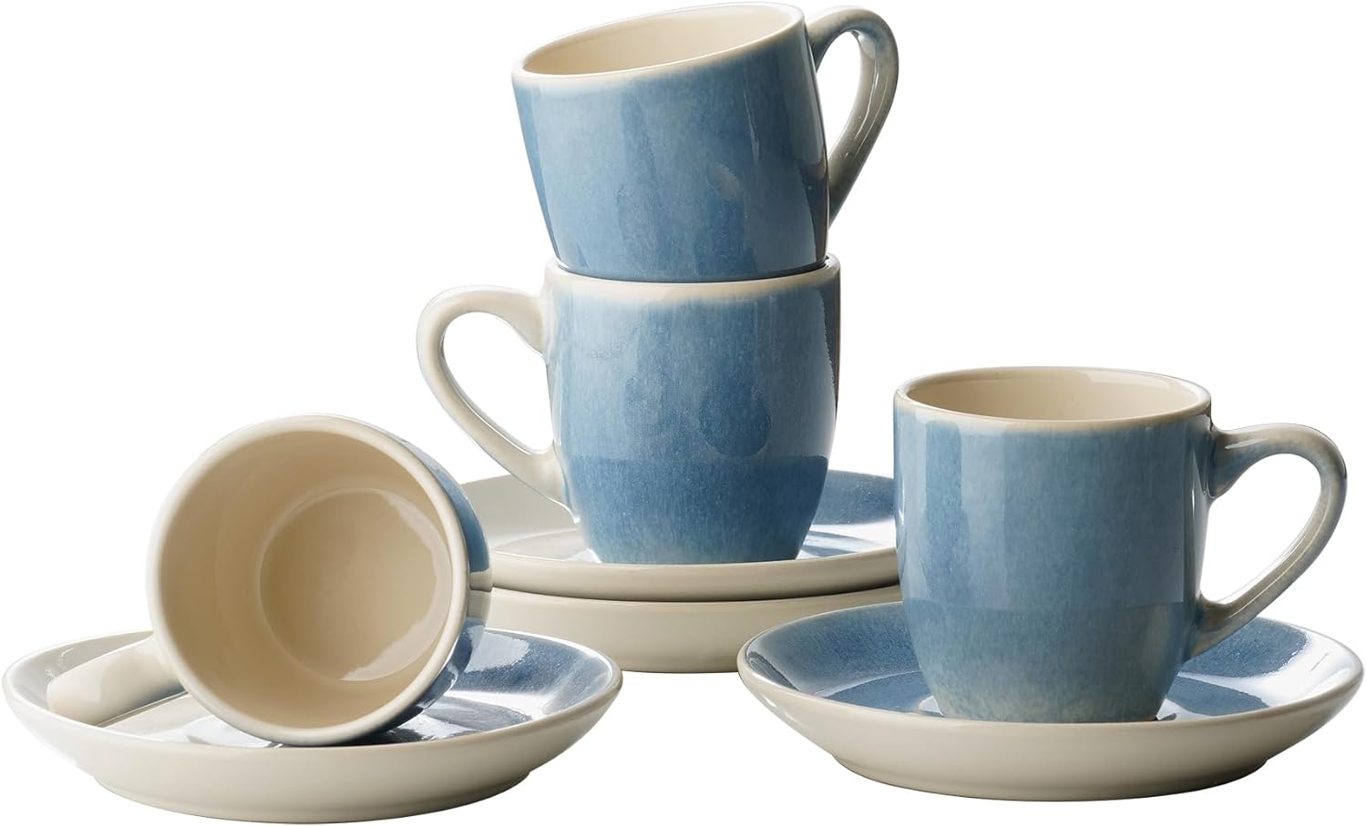 famiware Espresso Cups and Saucers Set of 4, 3 oz Ceramic Small Coffee Mug with Handle, Embossed Stoneware Demitasse Cup for Tea, Latte - Microwave & Dishwasher Safe - White Circle (Pack of 2)