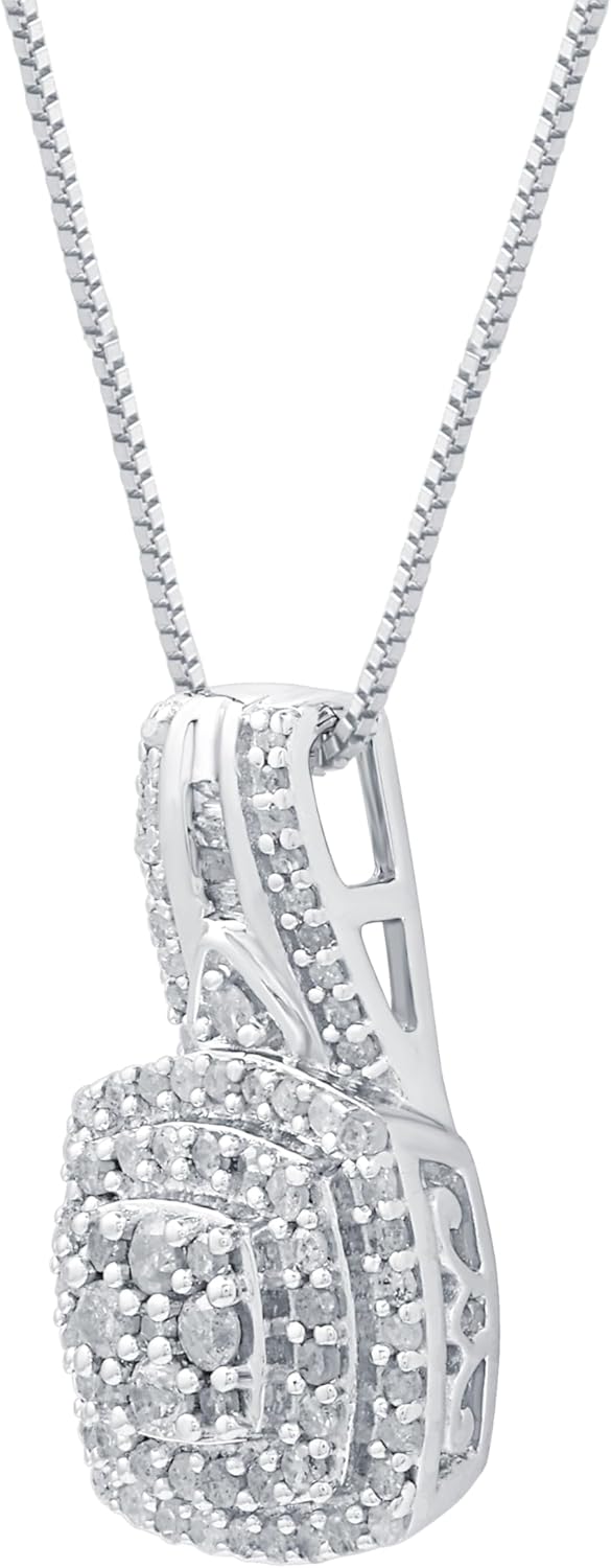 GILDED Sterling Silver Necklace with Natural Round-Cut Diamond Pendant, 18-inch White Silver Chain, 1/2 Carat Total Weight Diamonds, Elegant Gift Box Included