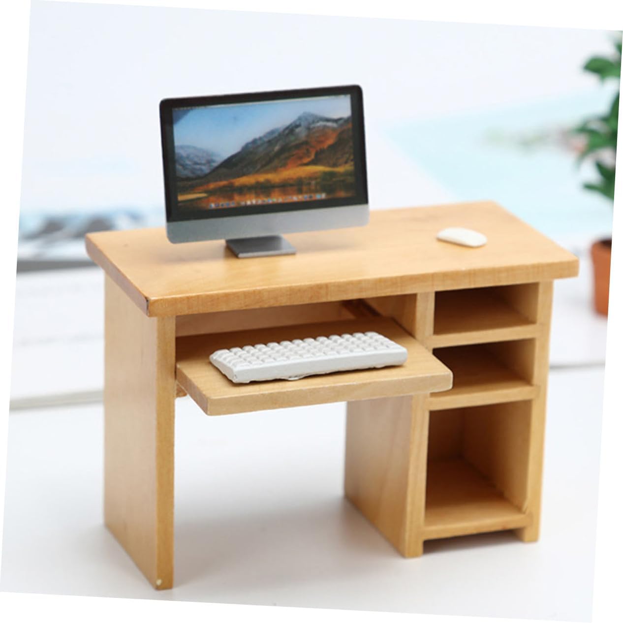 Generic 2 Sets Scale Miniature Dollhouse Furniture Wooden Computer Desk with Mouse Keyboard Dollhouse Accessories for Birthday Educational