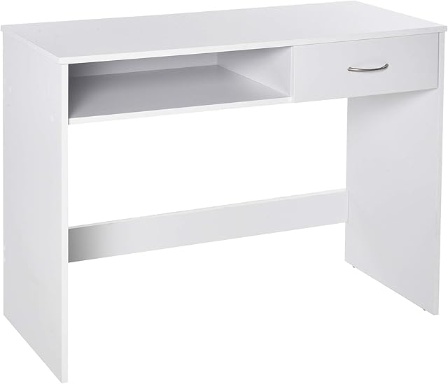 HOMCOM Modern Computer Work Desk Table Study w/Shelf Drawer Standing Writing Station Display Stylish Storage Compact White