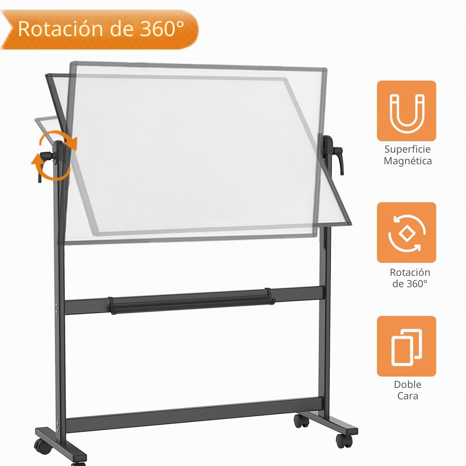 VIZ-PRO Pizarra blanca móvil magnética de doble cara 120x90 cm, con ruedas y marco de aluminio negro, para oficina y aula