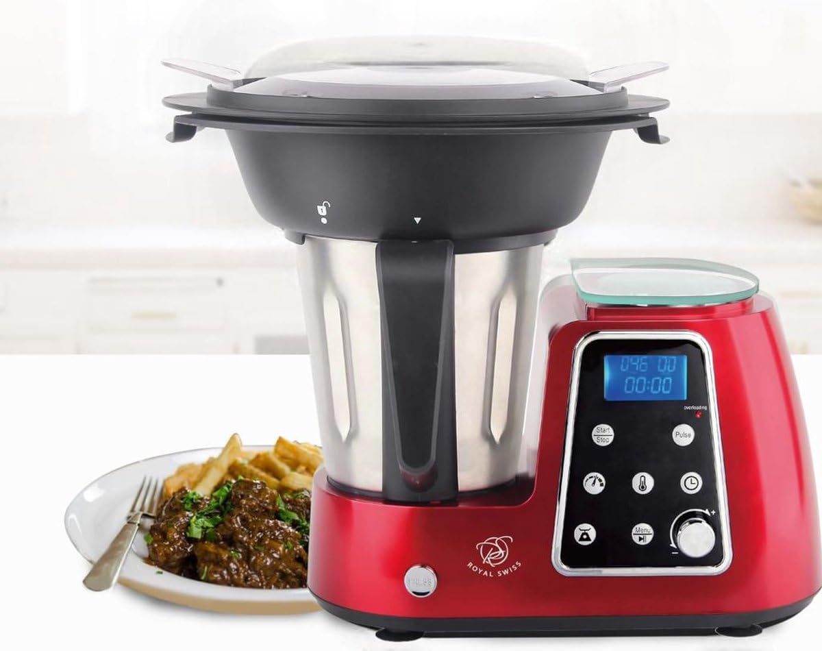 Royal Swiss Robot de Cocina Multifunción 1800W - Mezclador, Cocina, Amasadora, Pantalla LCD, Cuenco Inox 2,5L, 10 Velocidades, 5 Programas Preestablecidos, 10 Velocidades, Seguridad Térmica y