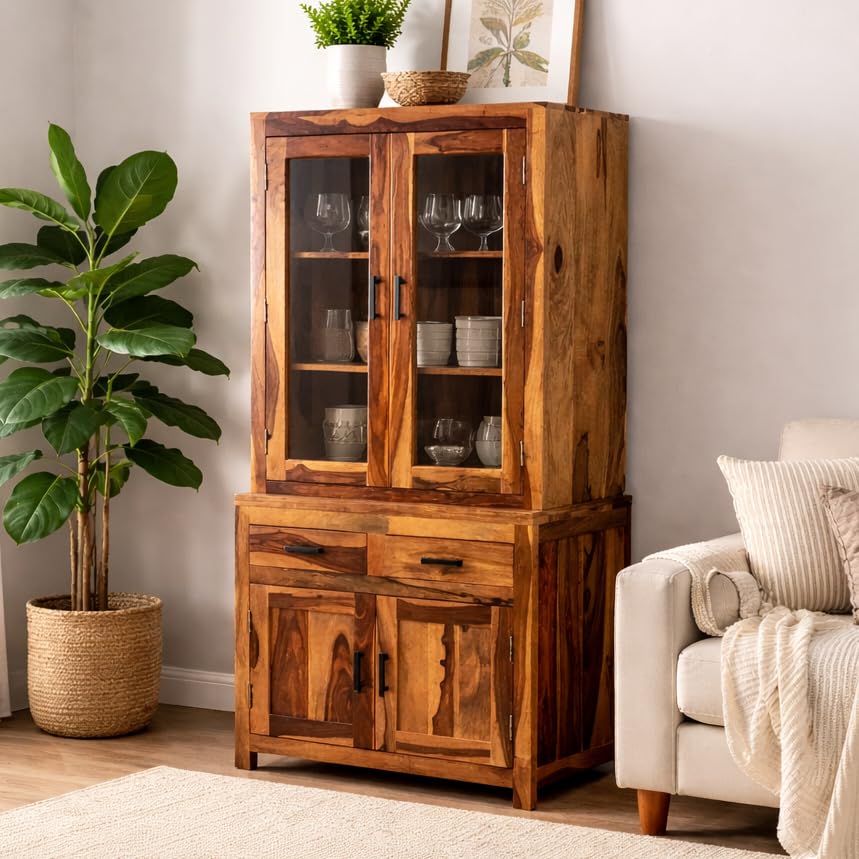 ANGEL FURNITURE Sheesham Wood Atlanta Crockery Cabinet | Hutch Cabinet (Honey Finish)