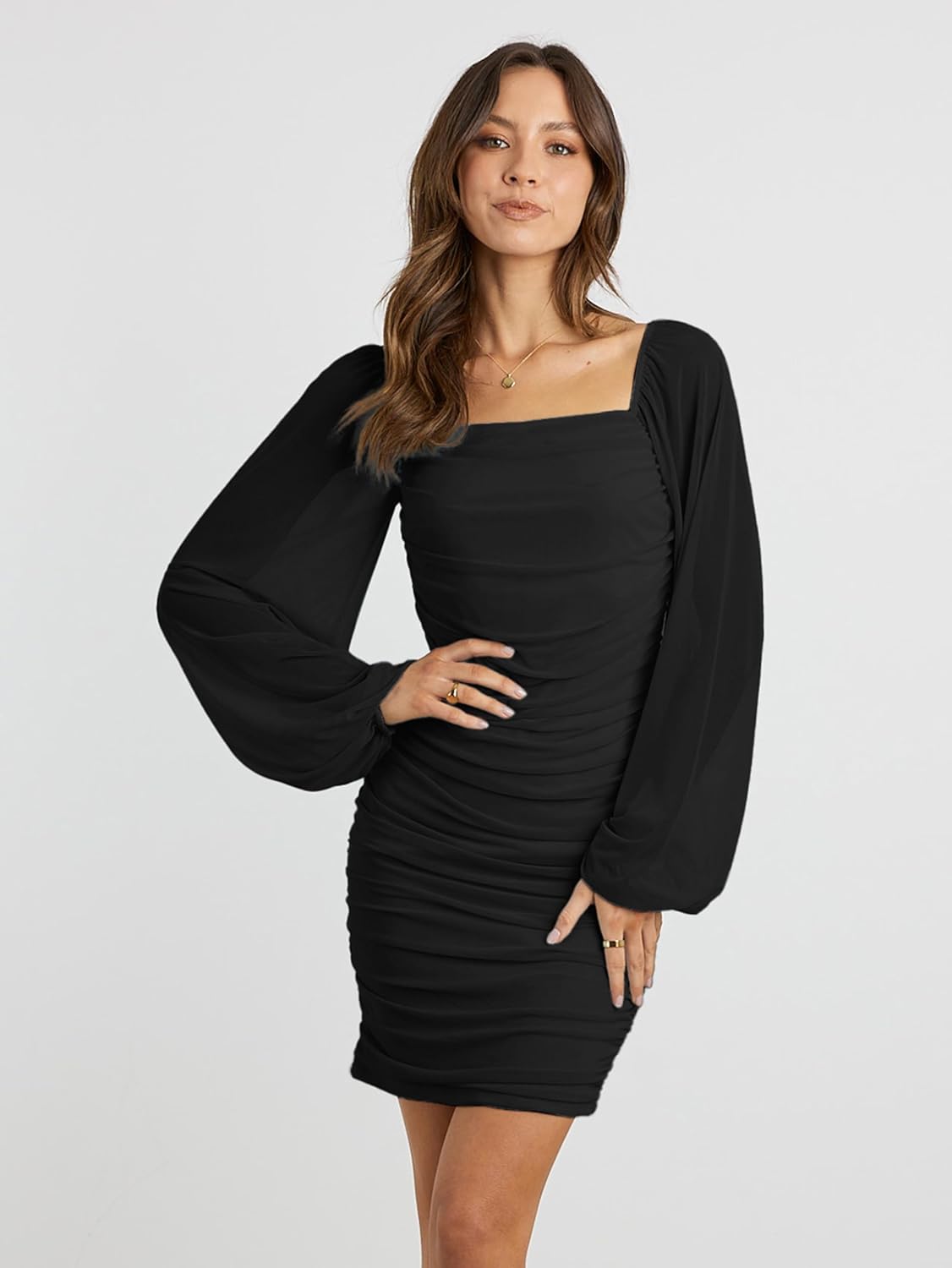 MASCOMODA Women Elegant Square Neck Lantern Long Sleeve Mini Ruched Bodycon Dress Stretch Mesh Slim Party Cocktail Dresses - Image 4