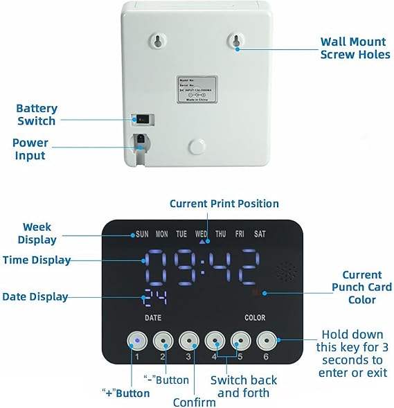 Time and Attendance Recorder, Clocking In Machine with LED Back-light Screen and 50 Pcs Cards, Timing Ringing Function and Built In Battery, Record Precisely for Companies, Factories, Hospital