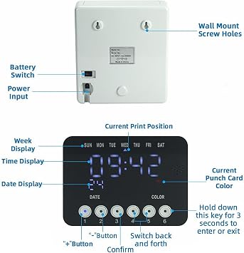 Time and Attendance Recorder, Clocking In Machine with LED Back-light Screen and 50 Pcs Cards, Timing Ringing Function and Built In Battery, Record Precisely for Companies, Factories, Hospital
