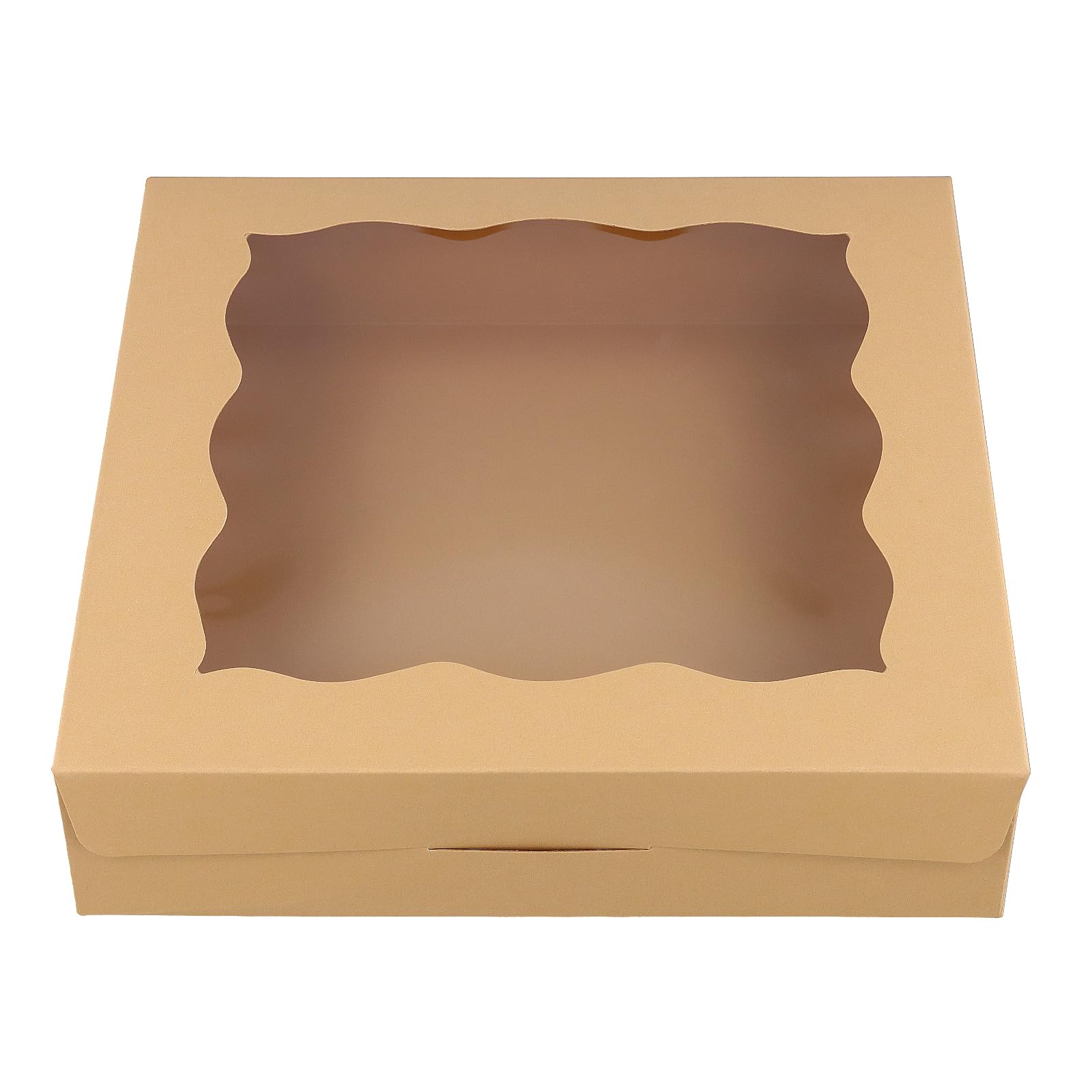 Paquete de 50 cajas cuadradas de papel kraft para panadería de 10 x 10 x 2.5 pulgadas con ventana transparente, cajas grandes para tartas, cajas planas marrones para pasteles