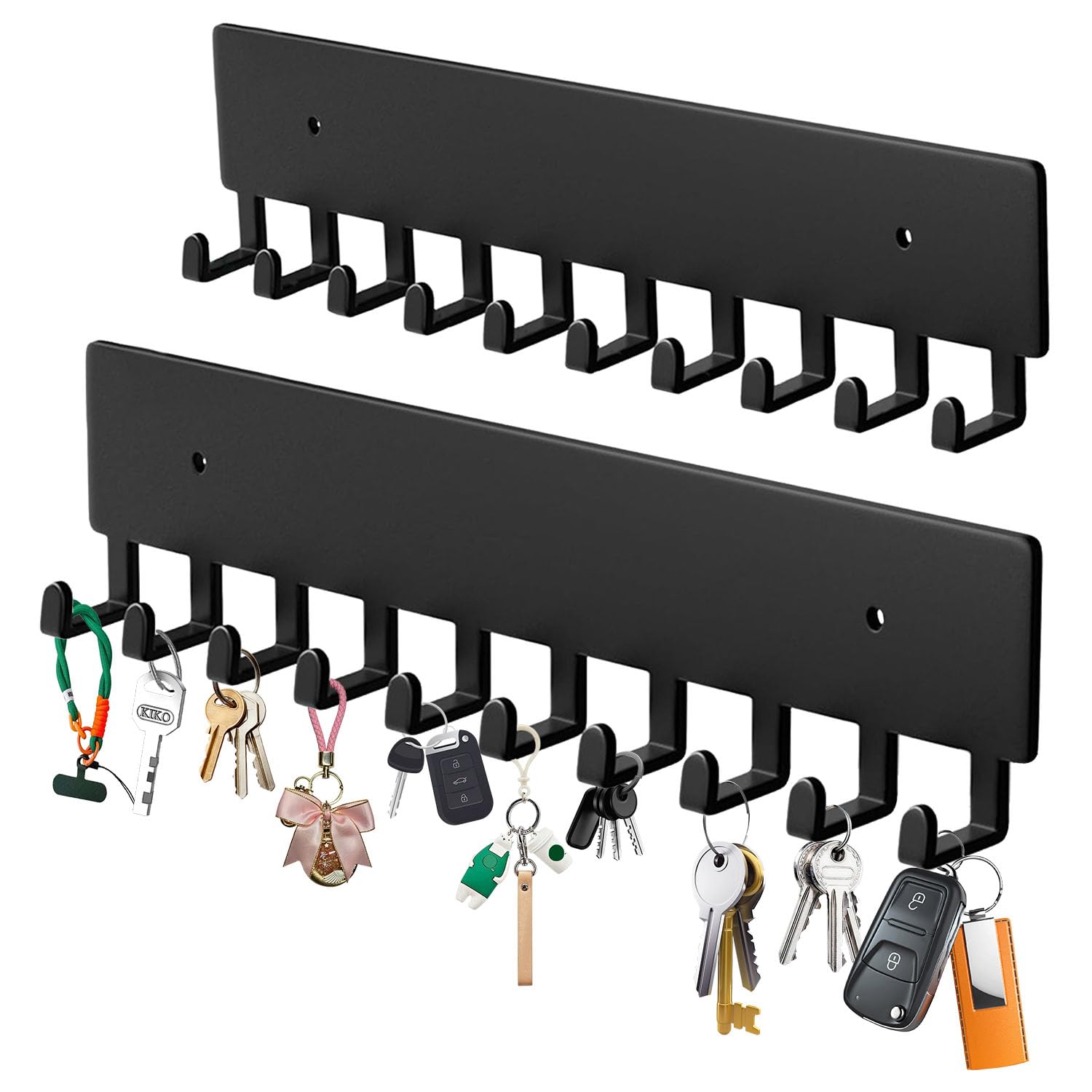 Hoomast Key Holder Wall Mount with 10 Hooks - Key Rack Organizer for Entryway, Kitchen & Office, Screw-in Mounting 2 Pack 14 Inch