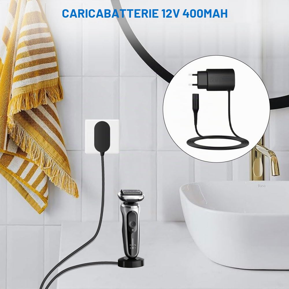 12V 0.4A Caricabatterie per Braun Rasoio Elettrico Serie 9 7 5 3 1 9-725 9-890 9-105 5541 9467cc 51-B1820s 71-S7200cc 190s-1, Cavo di Ricarica per Braun Tosatrice Sostituzione Cavo di Alimentazione
