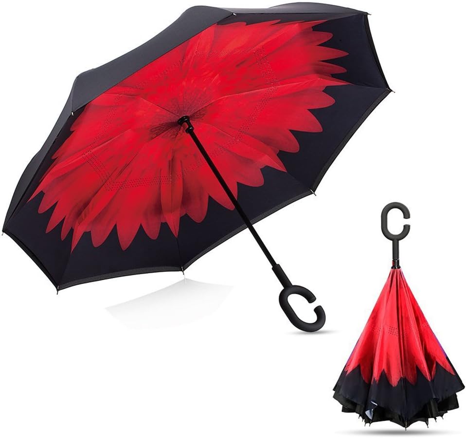 Le Papillon Inverted Umbrella Reverse Folding Umbrellas Parasol Double Layer Car Outdoor Use (Red Daisy)