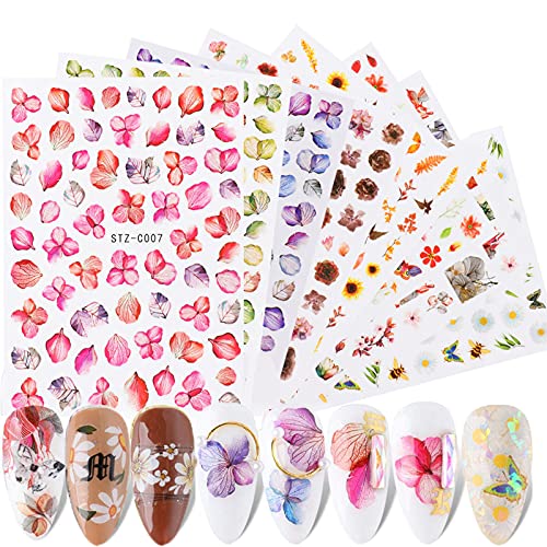Flowers Nail Art Stickers Decals, 3D Self-Adhesive Colorful Spring Blossoms Floral Dry Flower Leaves Butterfly Nail Design For Women Girls Nails Art Diy Decoration 8 Sheets #TOP16