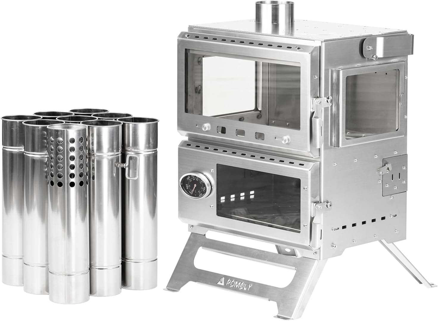 POMOLY Camping Tent Stove Oven Wood Stove, Baker Stainless Steel Wood Burning Stove for Hiking, Cooking, Heating (with Oven)