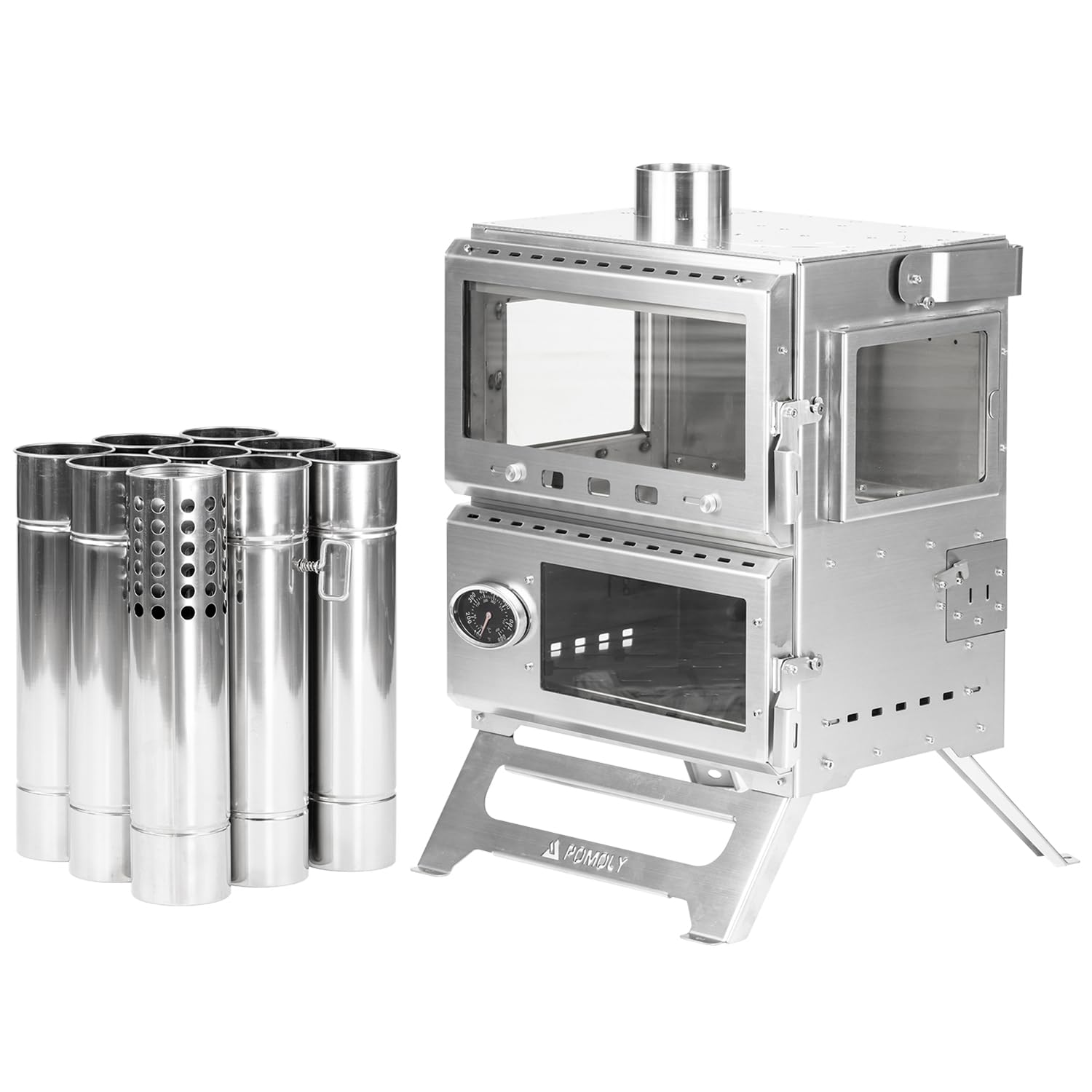 POMOLY Camping Tent Stove Oven Wood Stove, Baker Stainless Steel Wood Burning Stove for Hiking, Cooking, Heating (with Oven)