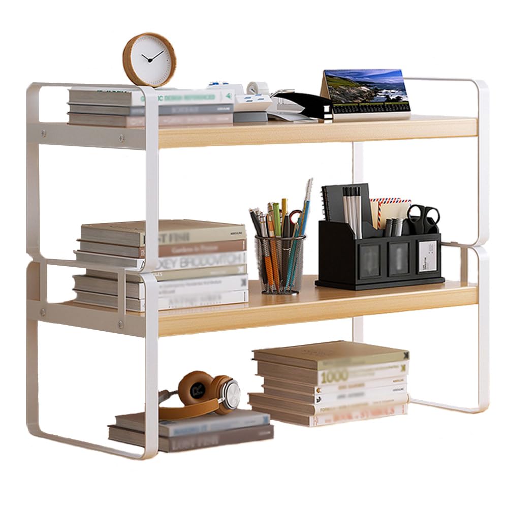 Hggzeg Étagère de bureau en bois à 2 niveaux multi-usages pour le stockage à la maison, au bureau, à l'école (blanc + tronc)